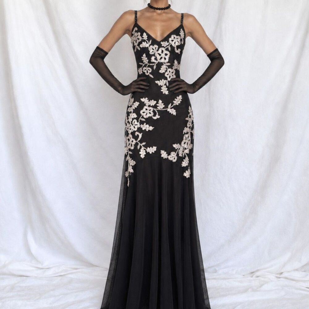 Vintage Y2K 90s Brown Floral Embroidered Mesh Maxi Formal Prom Dress Size S/M